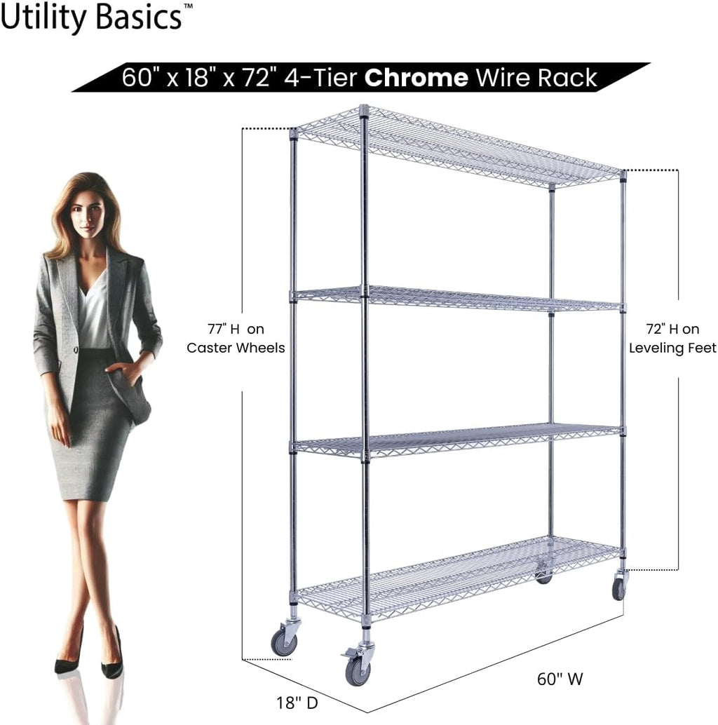 NSF Commercial 4-Tier Wire Shelving with Wheels, 60'x18'x72' Heavy Duty Metal Shelves 3200 lbs Max Capacity, Chrome Storage Rack for Garage Kitchen Pantry Warehouse
