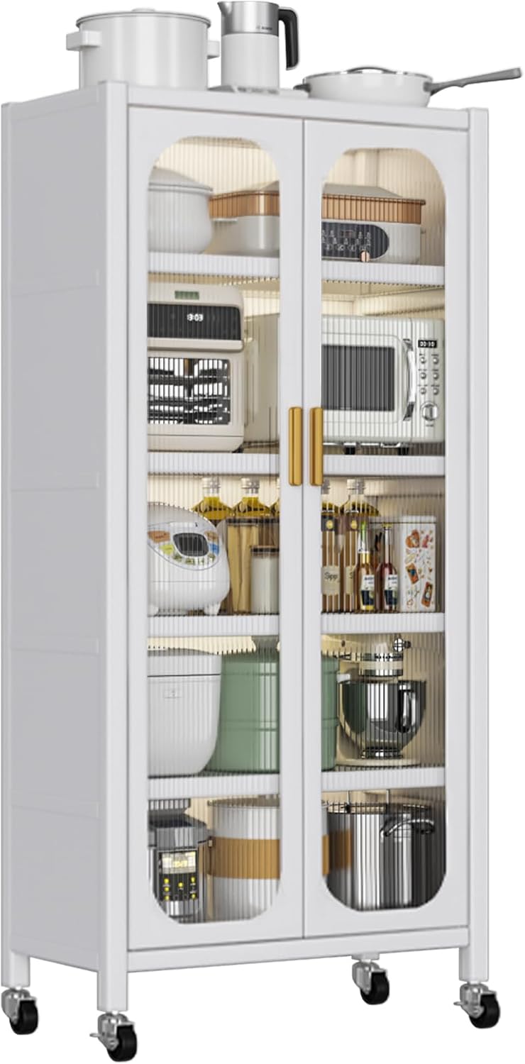 Runboll Kitchen Pantry Storage Cabinet, 6 Tier Metal Sideboard with Wheels and Acrylic Glass Door, Modern Display Curio Cabinet Bookcase White