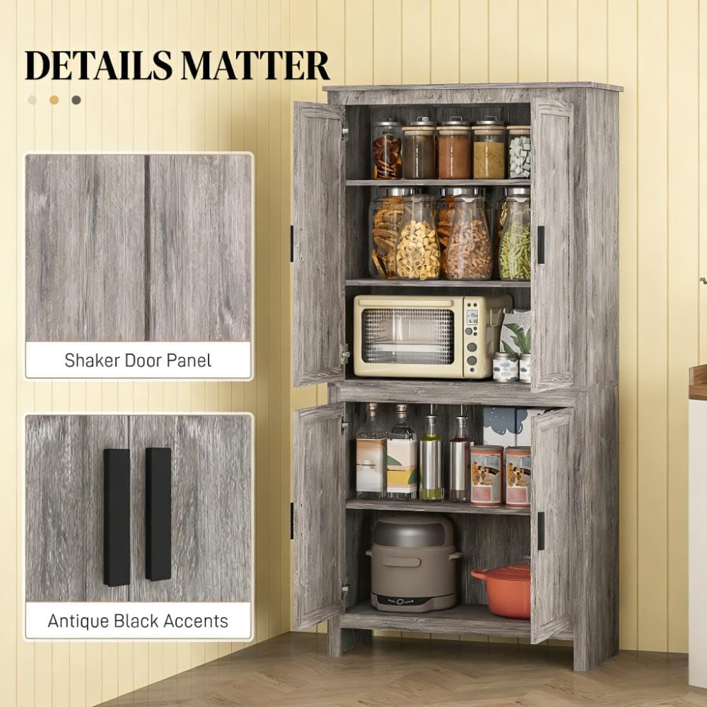64' Adjustable Shelves Freestanding Storage Cabinet, Kitchen Storage Bakers Rack with Anti-Tipping Design, Utility Food Cupboard with 5-Tier Shelving for Kitchen Dining Living Room, Grey