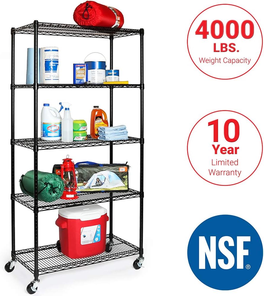 Seville Classics UltraDurable Heavy Duty NSF Solid Steel Wire Rack Storage Unit, Organizer for Garage, Warehouse, Office, Restaurant, Classroom, Kitchen, Black, 5-Tier Shelving, 36' W x 18' D