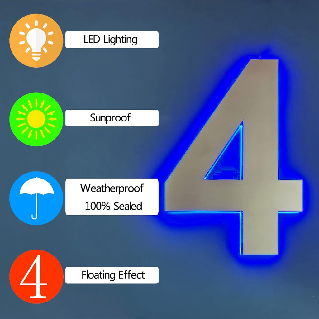 14 Inch Backlit LED House Numbers For Wall- Steel Illuminated Address Number Sign - Modern Lighted House Number For Outside With Floating Style,4
