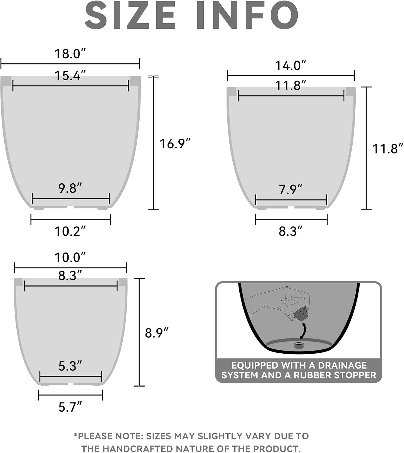 Kante 18',14',10' Dia Concrete Round Planters (Set of 3), Outdoor Indoor Large Planter Pots with Drainage Hole and Rubber Plug for Home Patio Garden, Black