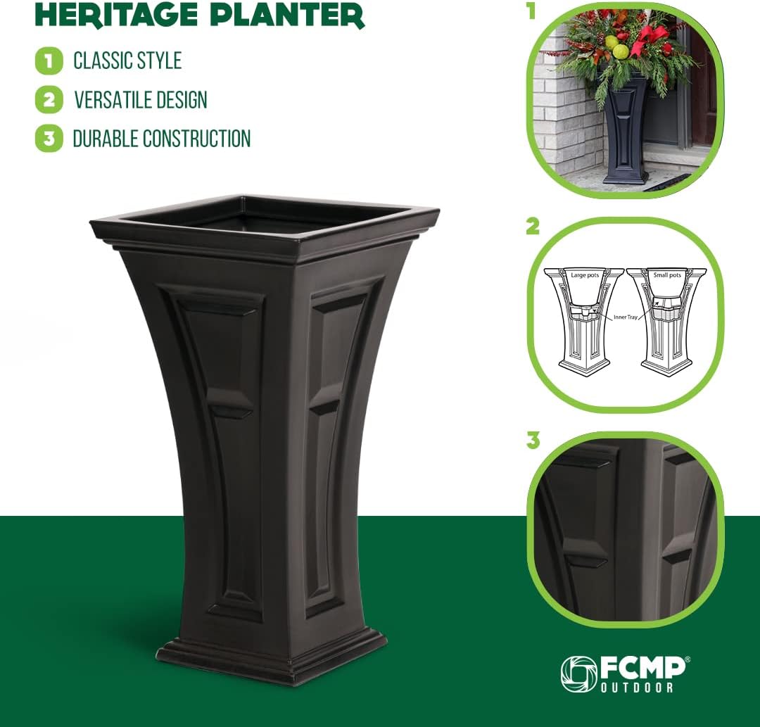 FCMP Outdoor Heritage Self-Watering Planter (2-Pack) – Set of 2 Large Planters for Porch, Patio, Outdoor/Indoor (HP3000-BLK-2) Black (28.5-inch Tall)