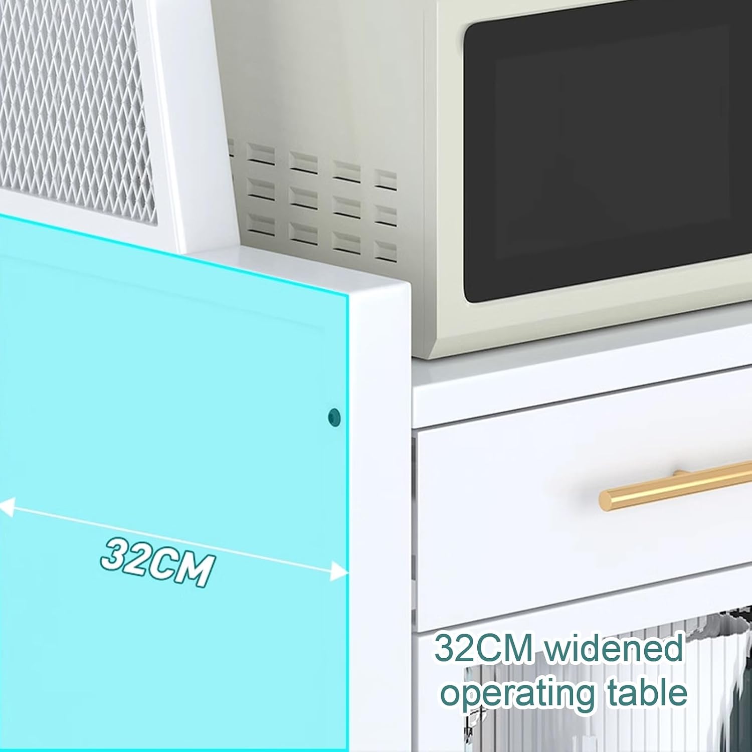 Microwave Stand with Storage, Kitchen Coffee Bar, Bakers Rack with Storage Cabinet, with Drawers, Hooks * 8, Foot Pads * 4(White,60cm)
