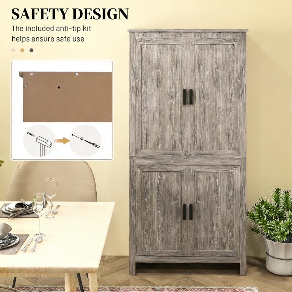 64' Adjustable Shelves Freestanding Storage Cabinet, Kitchen Storage Bakers Rack with Anti-Tipping Design, Utility Food Cupboard with 5-Tier Shelving for Kitchen Dining Living Room, Grey