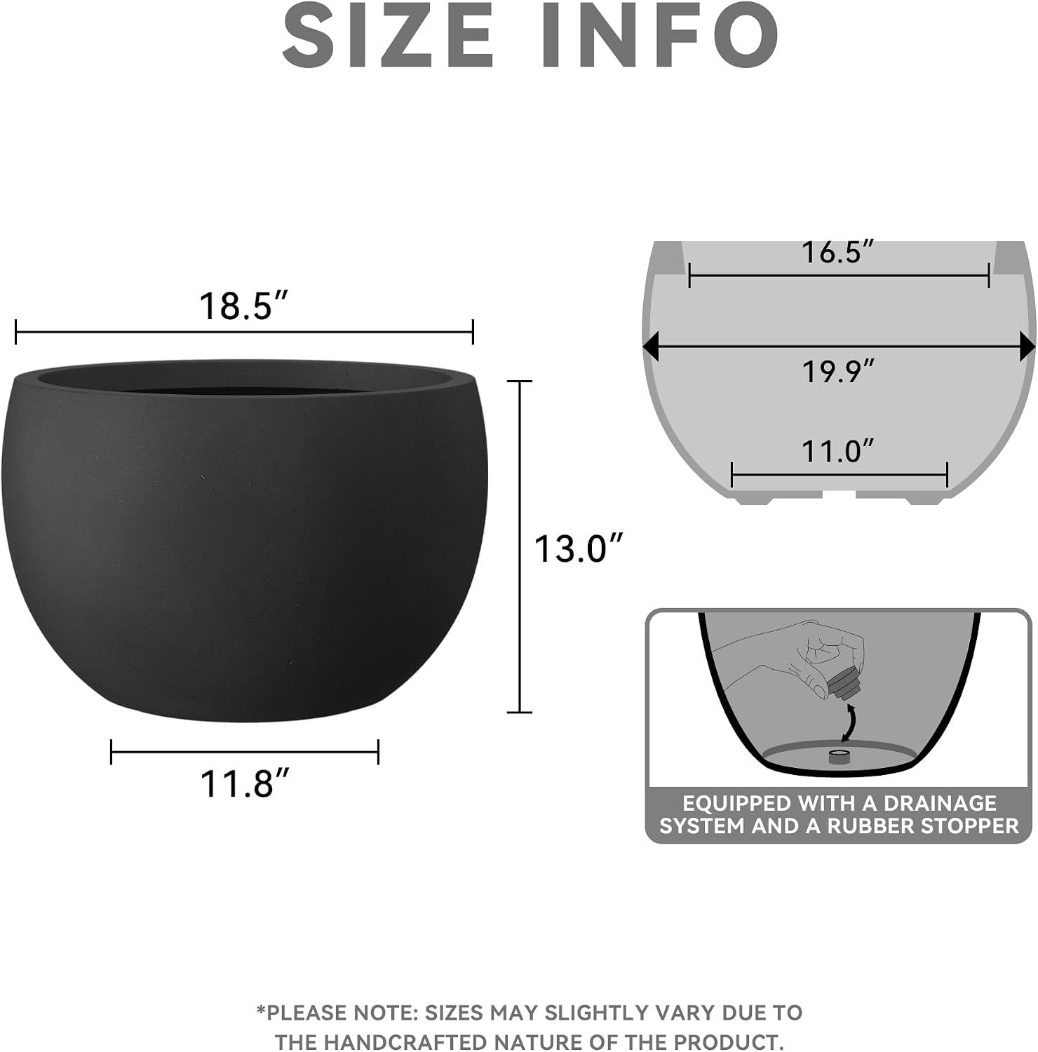 Kante 19.9' Dia Round Concrete Planter, Outdoor/Indoor Large Bowl Plant Pots with Drainage Hole and Rubber Plug for Garden Patio Balcony Home, Black