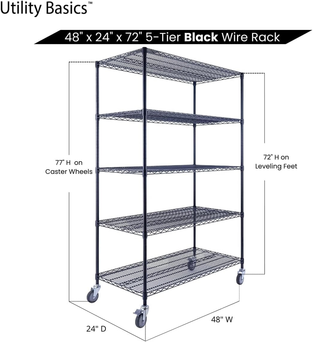 NSF Commercial 5-Tier Wire Shelving with Wheels, 48'x24'x72' Heavy Duty Metal Shelves 4000 lbs Max Capacity, Black Storage Rack for Garage Kitchen Pantry Warehouse