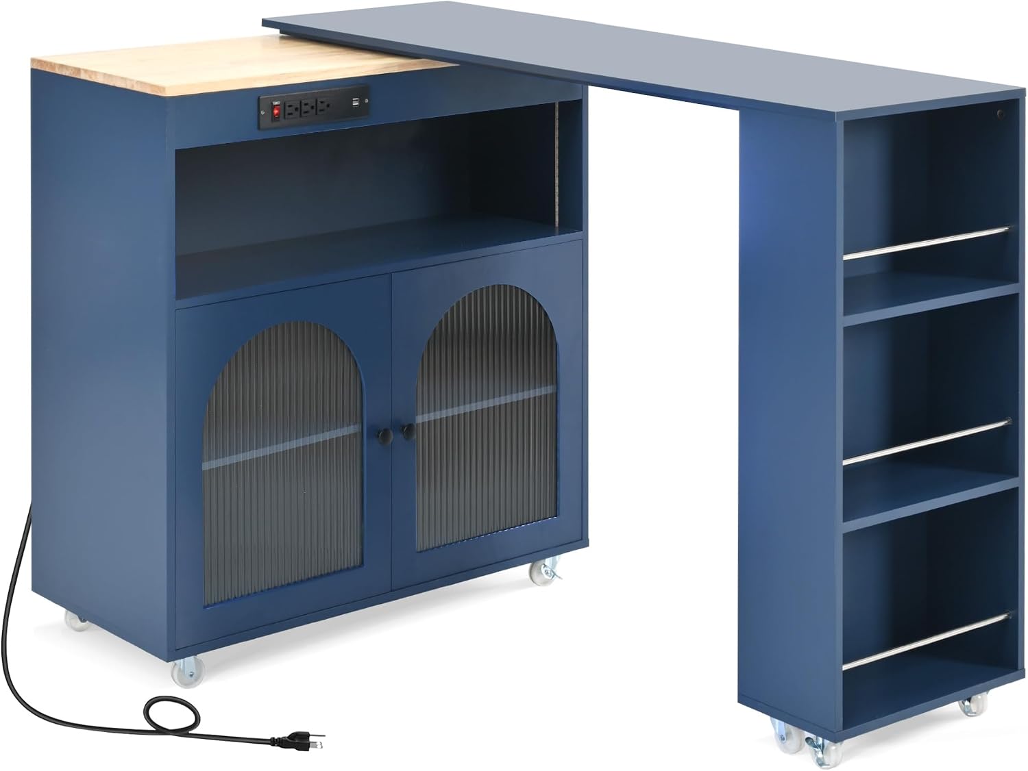 Merax Kitchen Island with Extended Table, Rolling Kitchen Islands Cart with LED Lights, Power Outlets, 2 Fluted Glass Doors, Storage Compartment, and Side 3 Open Shelves (Navy Blue)
