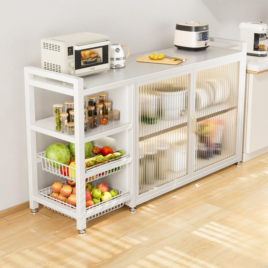 LITFAD Baker's Rack with Cabinets, 2 Baskets, Steel Frame, Modish Style Kitchen Storage Cabinet Freestanding Coffee Shelf Rack Organizer for Home Office, White 39' L x 12.5' W x 31.5' H