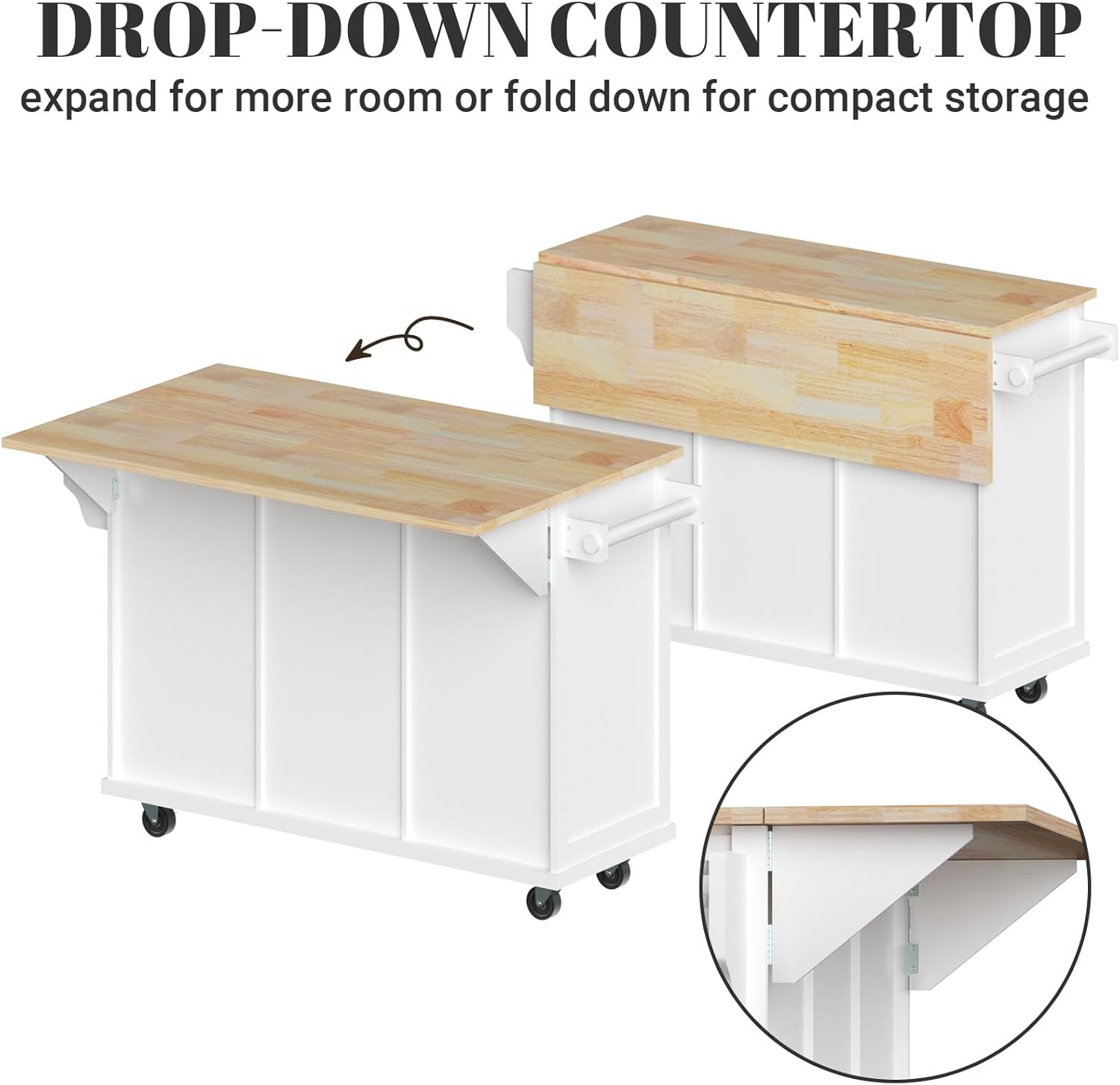 Rovibek Rolling Kitchen Island with Drawers, White Kitchen Island Cart with Storage, 53 in Portabl Island for Kitchen with Large Storage Cabinet, Shelf and Drawer