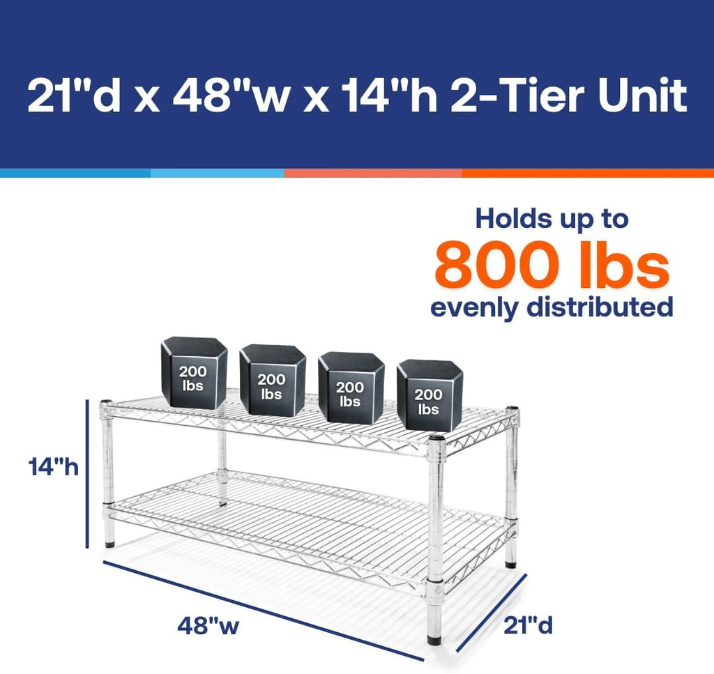 Shelving Inc. 21' d x 48' w x 14' h Chrome Wire Shelving with 2 Tier Shelves, Weight Capacity 800lbs Per Shelf