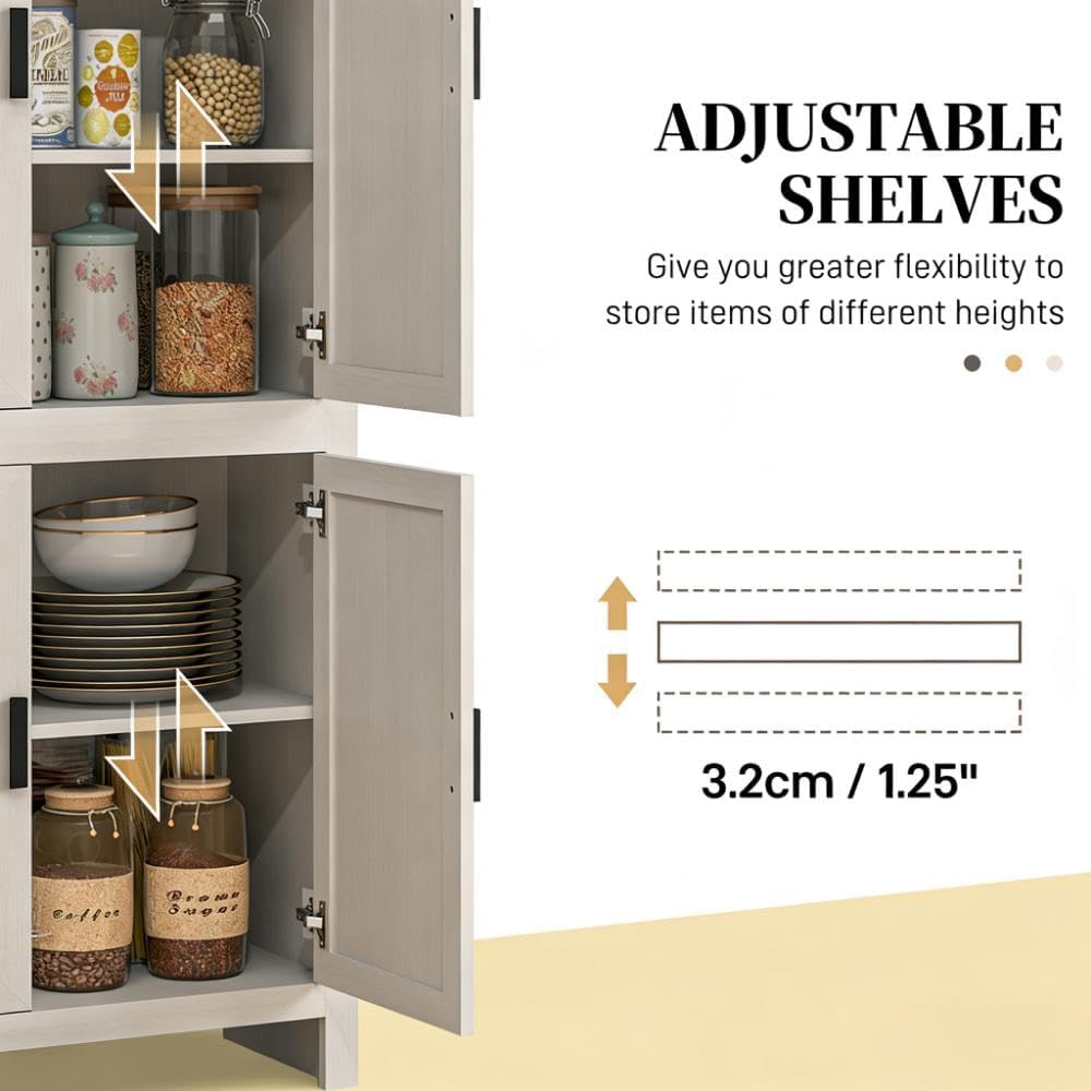 64' Adjustable Shelves Freestanding Storage Cabinet, Kitchen Storage Bakers Rack with Anti-Tipping Design, Utility Food Cupboard with 5-Tier Shelving for Kitchen Dining Living Room, Antique White