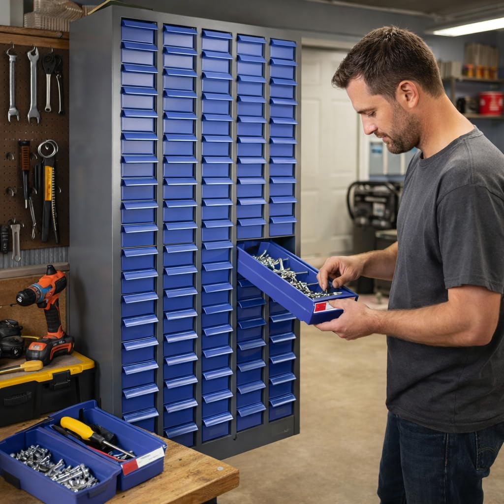 100 Drawer Alloy Steel Nut and Bolt Organizer, Hardware Storage, 26' L×9' W×46' H Nuts and Bolts Organizers and Storage, Parts Organizers for Shop Garage Workshop
