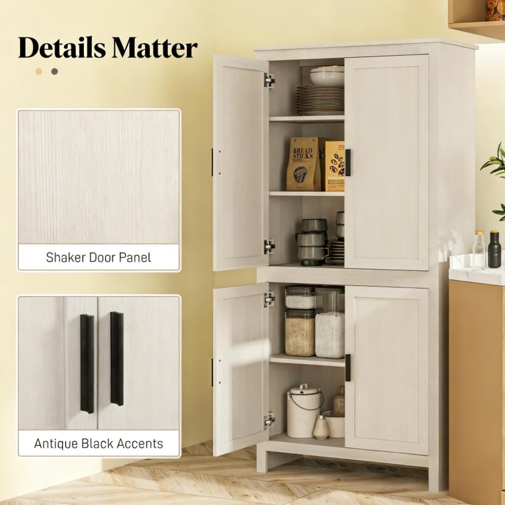 64' Adjustable Shelves Freestanding Storage Cabinet, Kitchen Storage Bakers Rack with Anti-Tipping Design, Utility Food Cupboard with 5-Tier Shelving for Kitchen Dining Living Room, Antique White