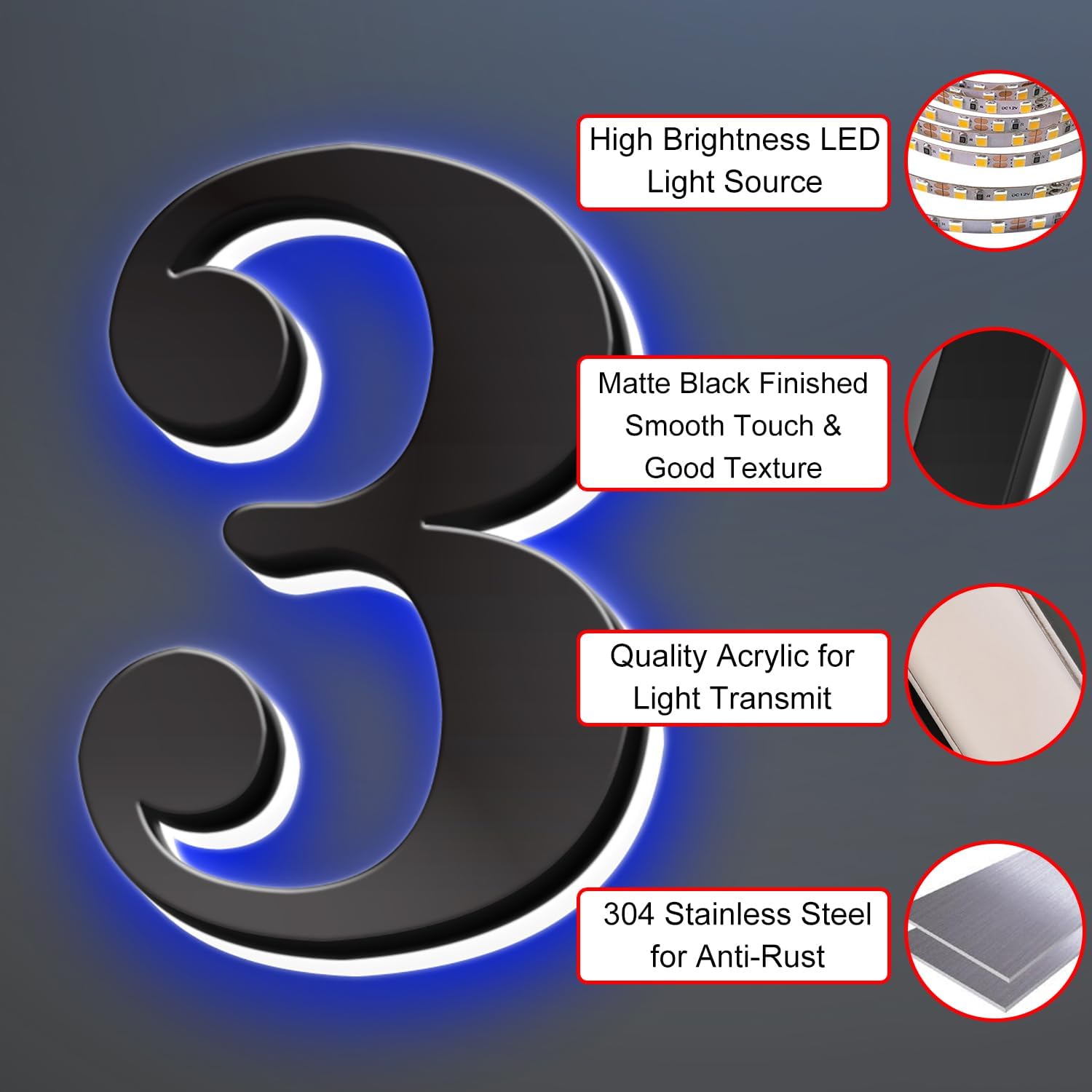Illuminated LED House Numbers, Stainless Steel, Backlit LED Illuminated Home Address Number, Up-Scale Modern Look, Lighted House Numbers, Modern Address Numbers,20 Inch/500mm,2