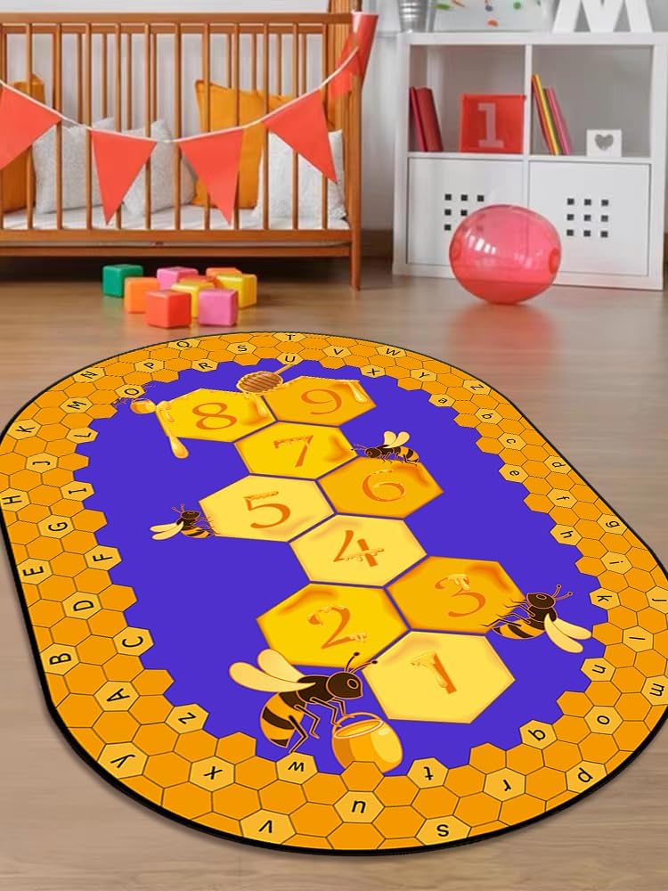 Bee ABC Alphabet Oval Area Rugs, 6x8ft, Yellow Beehive Honey Rugs for Indoor, Number 123 Hopscotch Game Kids Education Carpet, Easy Clean Low Pile Durable Mat for Kindergarten