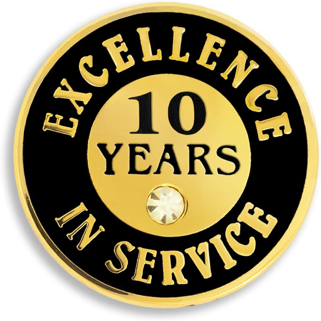PinMart Gold Color Plated Excellence in Service Year Award Lapel Pin – Metal Enamel Workplace Reward Pin w/Rhinestone – 1-60 Years Pins for Long Standing Employees
