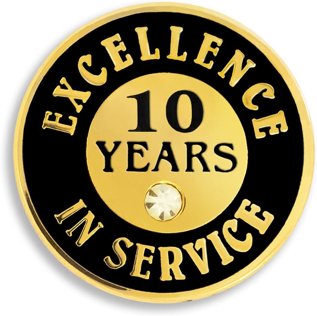 PinMart Gold Color Plated Excellence in Service Year Award Lapel Pin – Metal Enamel Workplace Reward Pin w/Rhinestone – 1-60 Years Pins for Long Standing Employees