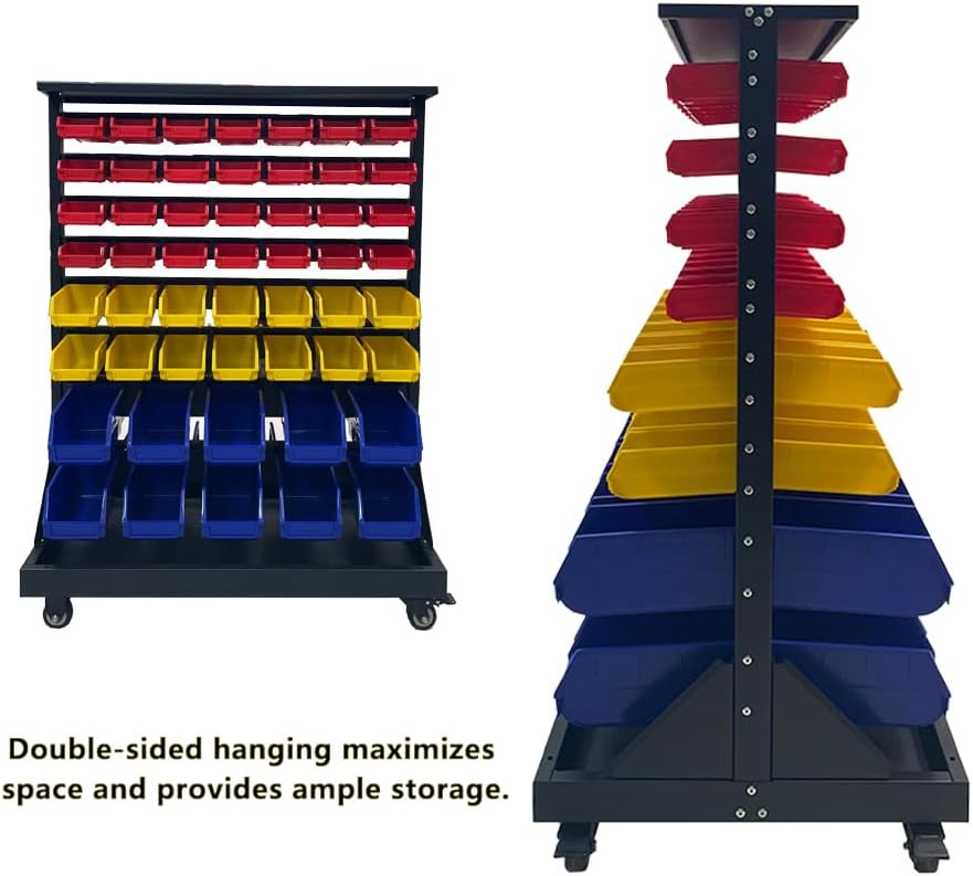 JZD Rolling Bin Storage Rack, Parts Organizer on Wheels, 104 Bins for Nuts Bolts Hardwares, 8-Tier Double Sides Bin Shelves for Garage Warehouse Factory