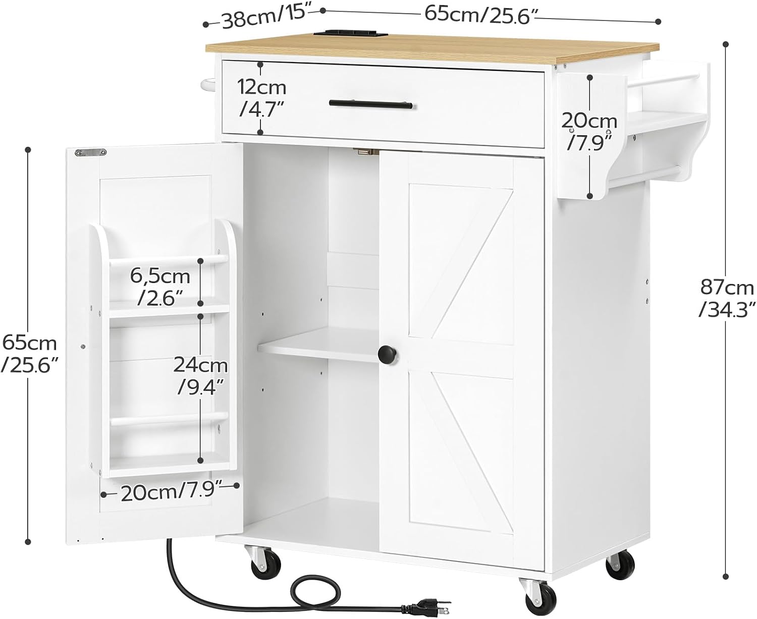 HOOBRO Kitchen Island and Kitchen Storage Island with Power Outlet, Rolling Kitchen Cart on Wheels, for Home, Kitchen and Dining Room, White and Natural WN82UZD01G1-WN88UZD01