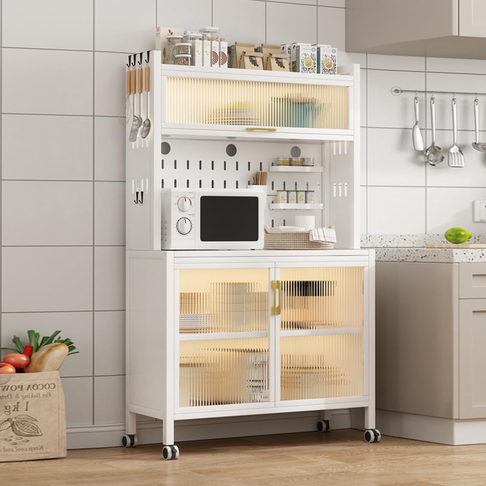 Kitchen Pantry Storage Cabinet, 5-Tier Kitchen Bakers Rack, Microwave Stand with Wheels, Utility Storage Shelves for Kitchen, Dining Room, Living Room,White,102 * 44 * 167cm
