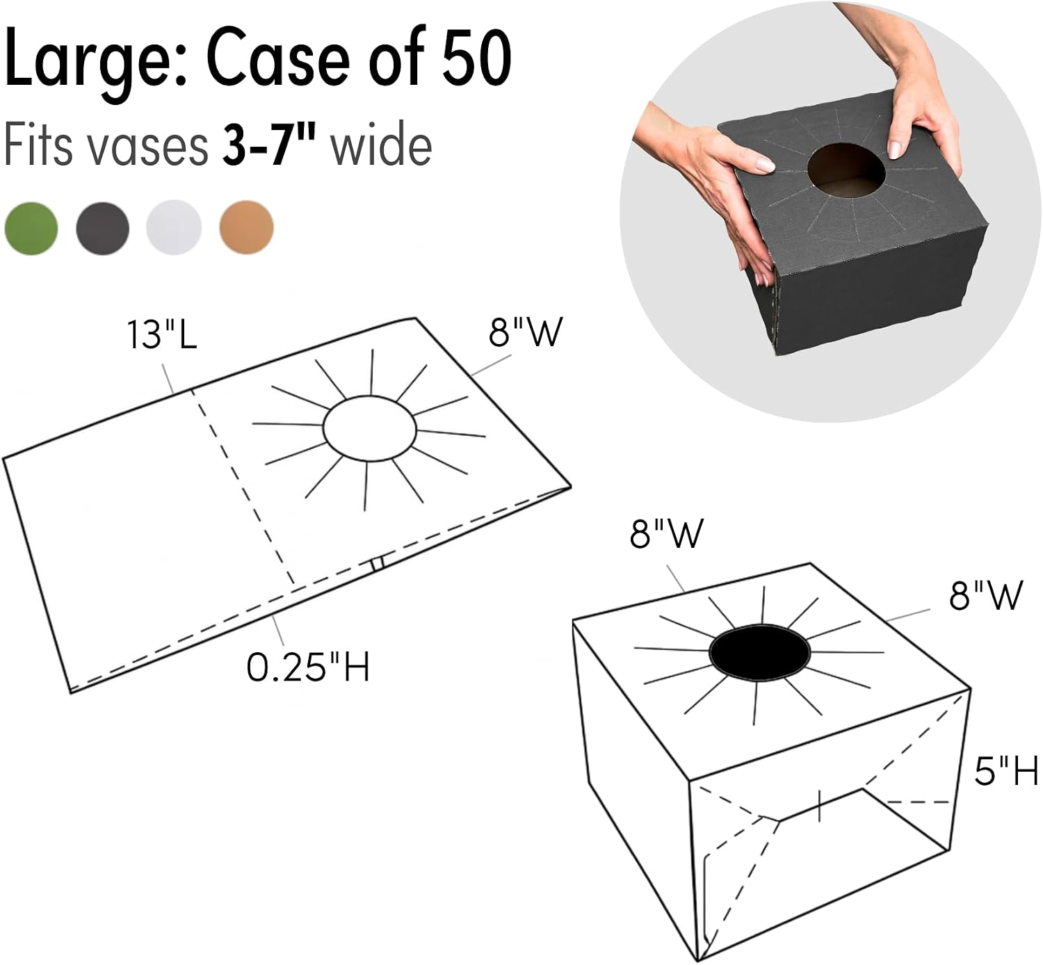 Holiday Designs - Pop-Up Florist Delivery Box, Heavy Duty Corrugated Cardboard Vase Boxes for Secure Floral Arrangements During Transport, 8 x 8 x 5 (Black, Large: Case of 50)