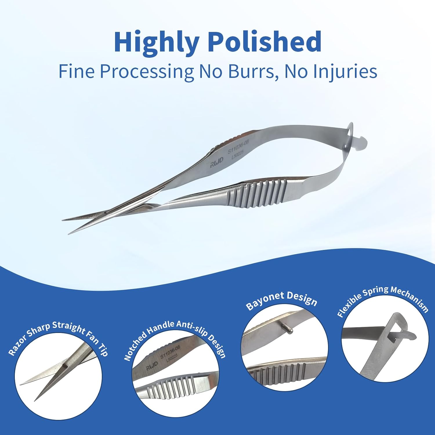 RWD VANNAS Micro Scissors, 3.2' Straight Fan Tip, Extra Sharp Spring Action Squeeze Scissors for Stitch Cutting, Embroidery, ENT, Eye, Skin, Dental, and Veterinary Surgery (8cm) - S11036-08