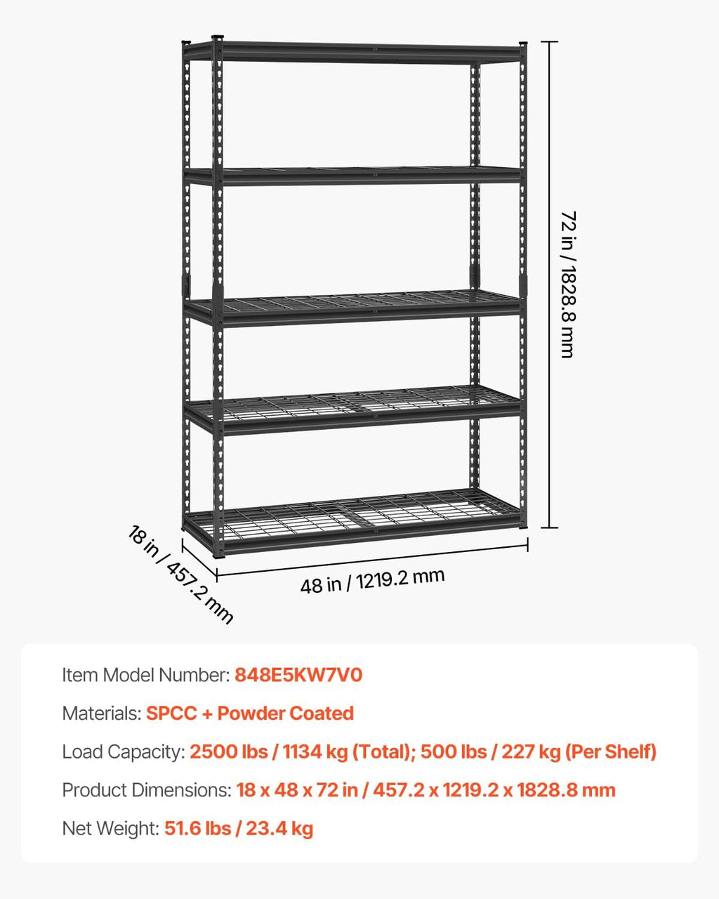 VEVOR Storage Shelves, 2500 lbs, 5 Tier Heavy Duty Garage Shelving, 18' D x 48' W x 72' H Adjustable Metal Shelves for Industrial Shelving Unit Utility Shelf, for Kitchen, Warehouse, Basement, Black