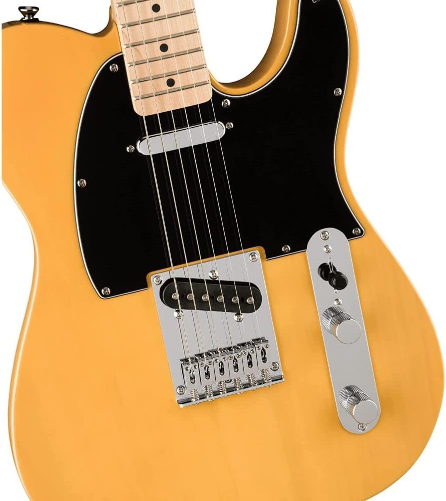 Squier by Fender Affinity Series Telecaster, Maple fingerboard (Butterscotch Blonde) Bundle with Fender 10ft Cable (Straight/Straight), Guitar 12-Pack Picks, and 2' Guitar Straps