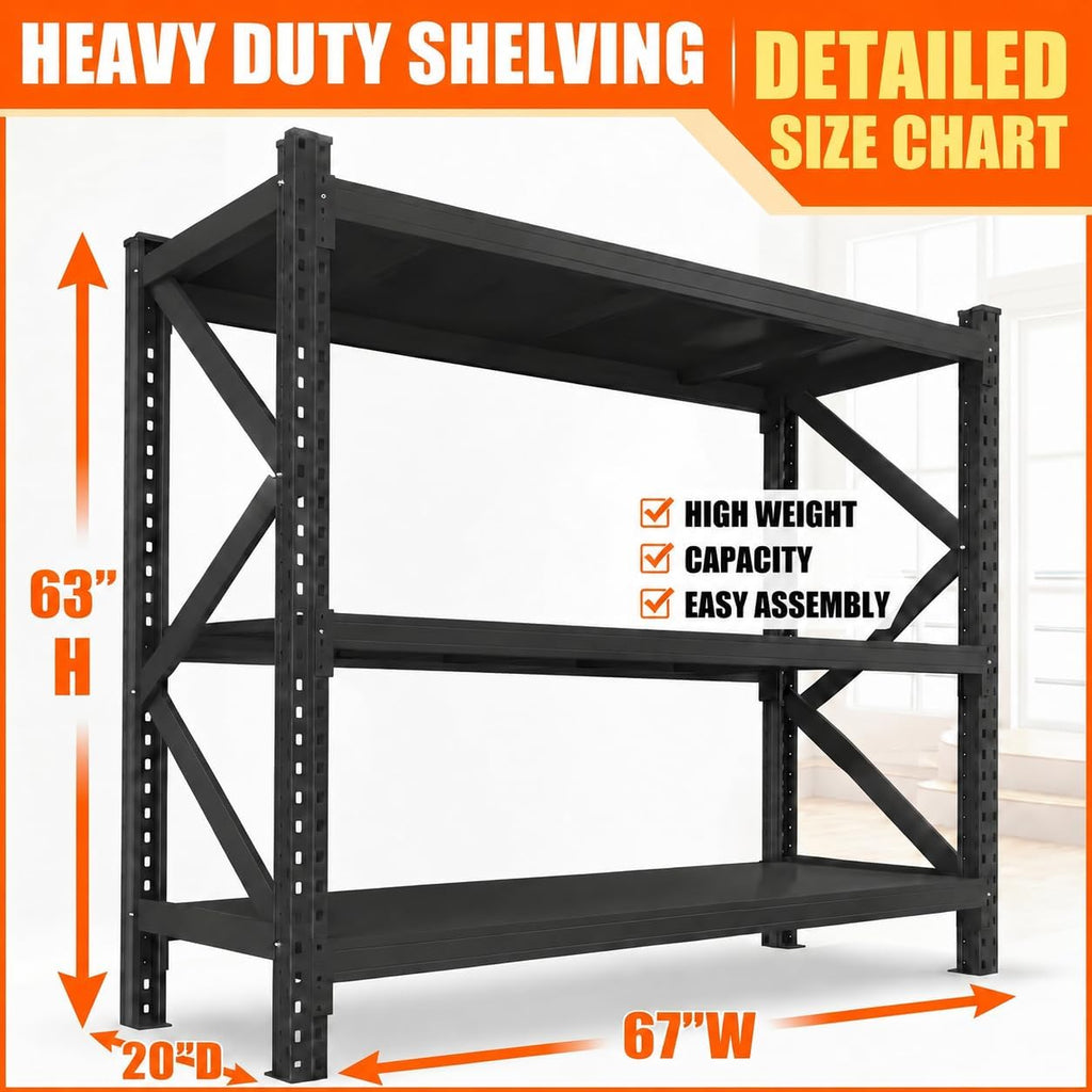 67' W Garage Shelving Heavy Duty, 6000LBS Metal Storage Shelves with Anti-Fall Rails, 3-Tier Adjustable Storage Rack, Industrial Garage Storage Shelf for Warehouse, Basement, Workshop