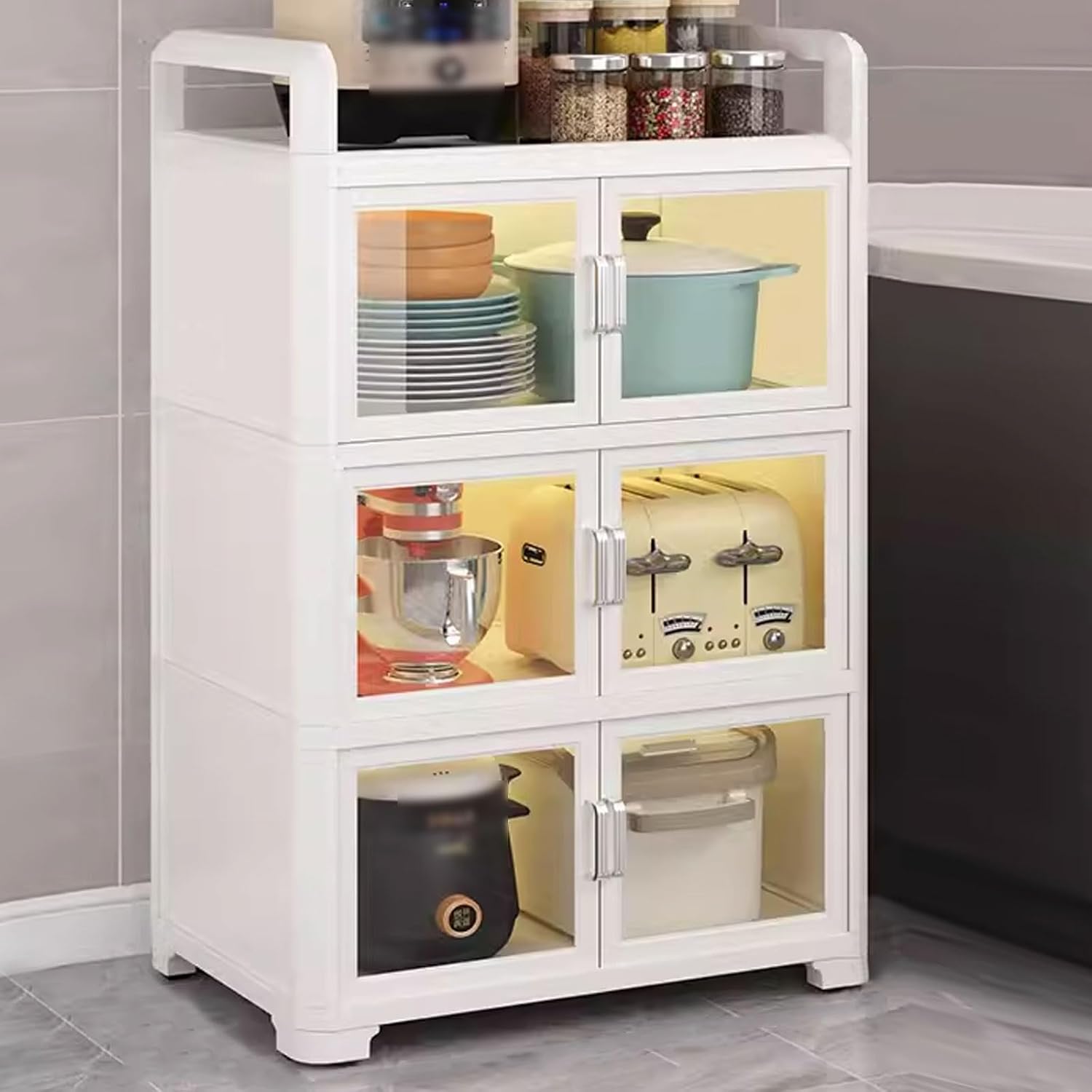 Kitchen Storage Rack with Doors Corner Bakers Racks for Kitchens with Storage Double Door Magnetic Design with Double Rolling Wheels, for Kitchen, Dining Room(White,60 * 40 * 106 cm)
