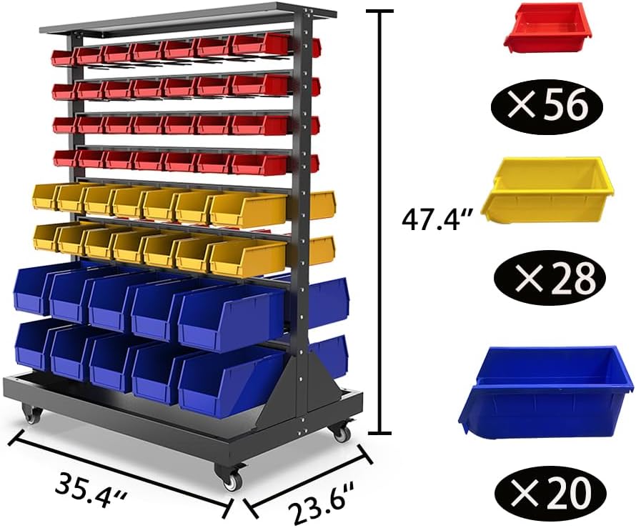 JZD Rolling Bin Storage Rack, Parts Organizer on Wheels, 104 Bins for Nuts Bolts Hardwares, 8-Tier Double Sides Bin Shelves for Garage Warehouse Factory