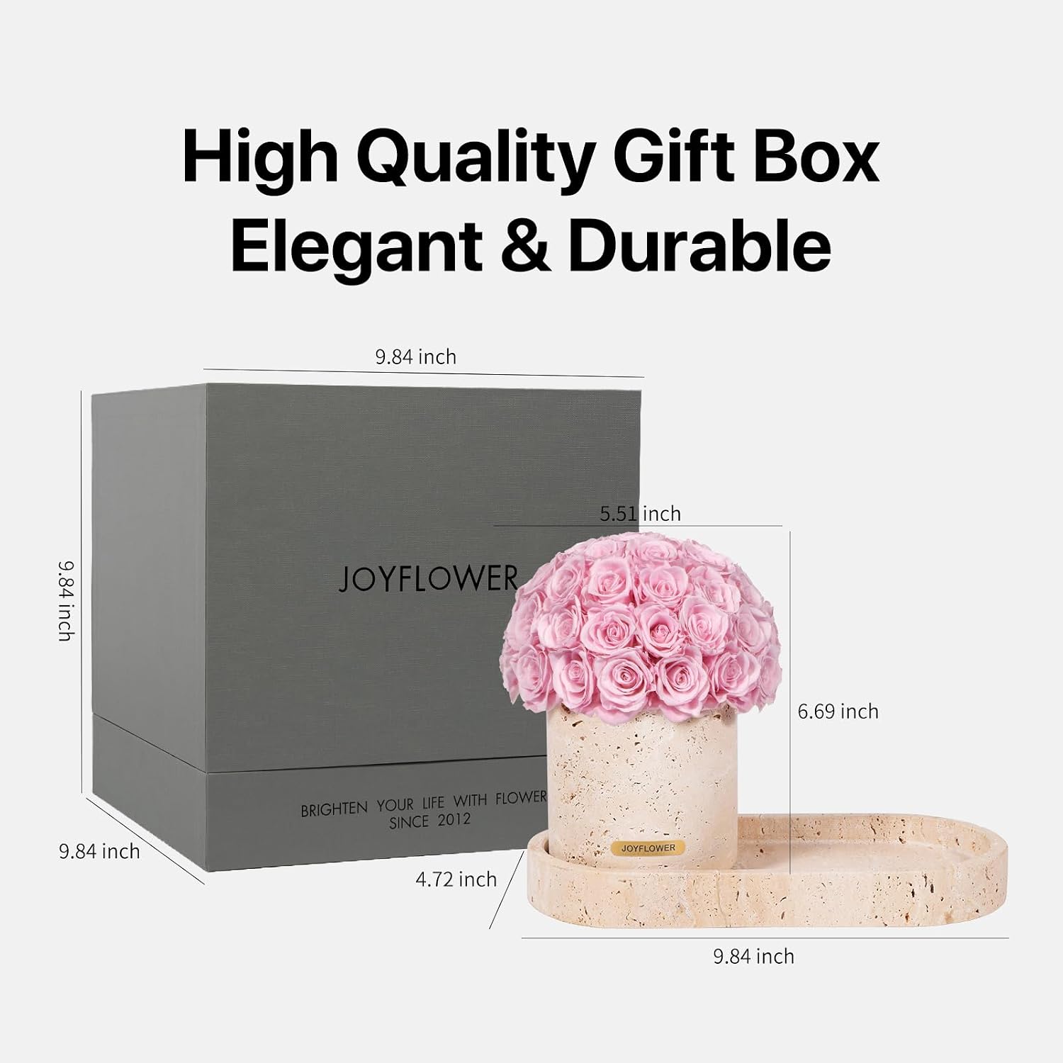 JoyFlower Preserved Flowers Vase, Yellow Travertine Flower Vases & Travertine Tray, Eternal Flower Decorations for Home Living Room Bedroom Coffee Table, Decorative Flower Vase House Decor(Light Pink)