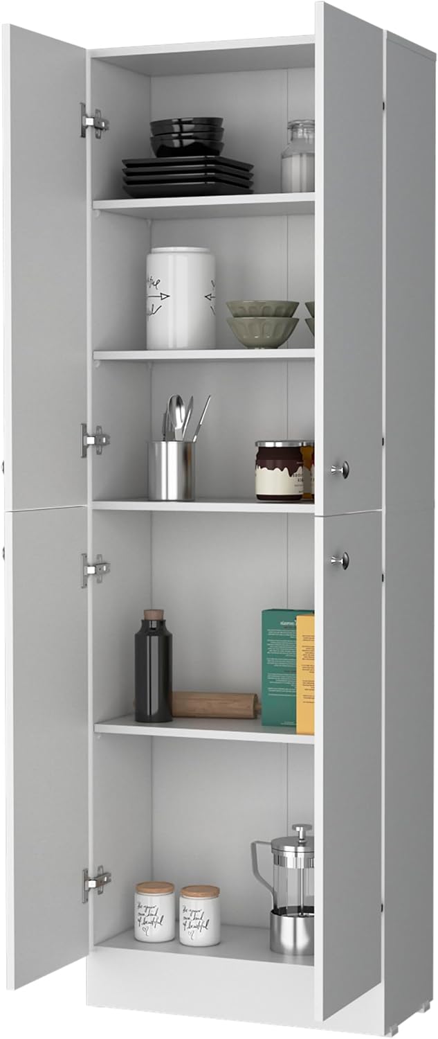 71' 4-Door Freestanding Storage Cabinet, Kitchen Storage Bakers Rack with Hidden Shelves, Utility Food Cupboard with Stylish Design for Home Kitchen, White