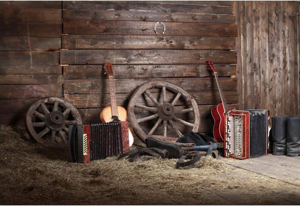 Leyiyi 20x10ft Rustic Music Barn Backdrop Vintage Guitar Rock Play Western Wooden Cottage Horseshoe Rural Farmhouse Haystack Photo Background Cowboy Kids Birthday Portrait Studio Prop Vinyl Banner