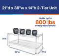 Shelving Inc. 21' d x 36' w x 14' h Chrome Wire Shelving with 2 Tier Shelves, Weight Capacity 800lbs Per Shelf