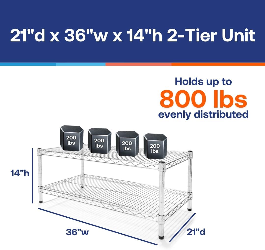 Shelving Inc. 21' d x 36' w x 14' h Chrome Wire Shelving with 2 Tier Shelves, Weight Capacity 800lbs Per Shelf