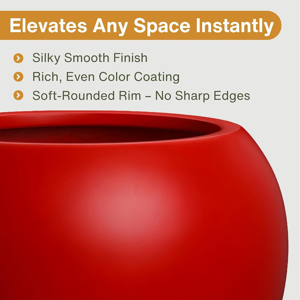 KUTE NEST 12.8' H x 16' D Premium Globo Fiberstone Round Planter for Outdoor & Indoor Plants, Chinese & Lunar New Year Home Decor Pot, House Plants, Included 2 Extra Coco Mats (Red, 10.7' Pot Opening)