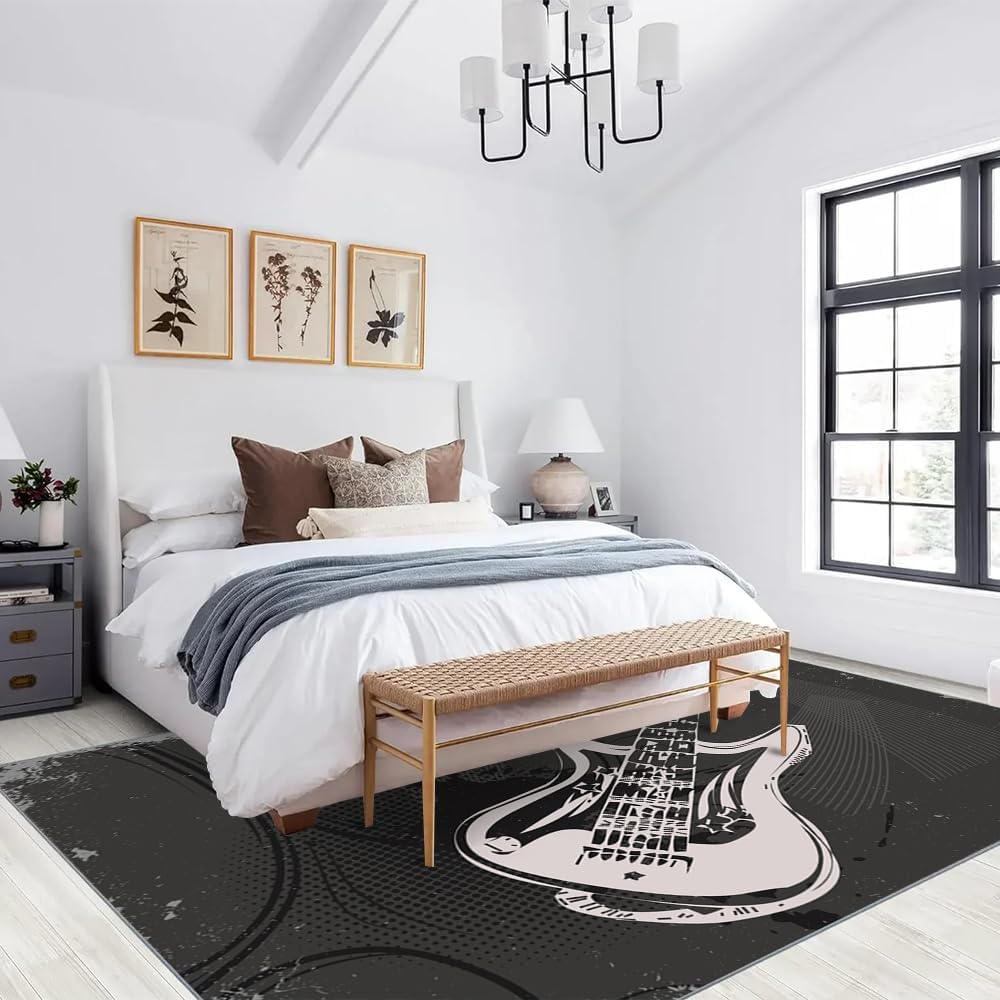 Modern Art Guitar Rug 6x9 Large Area Rugs Retro Black Music Rugs Ultra Soft Non Slip Washable Carpet for Teens Boys Girls Kids Living Room Bedroom Nursery Study Office Hallway
