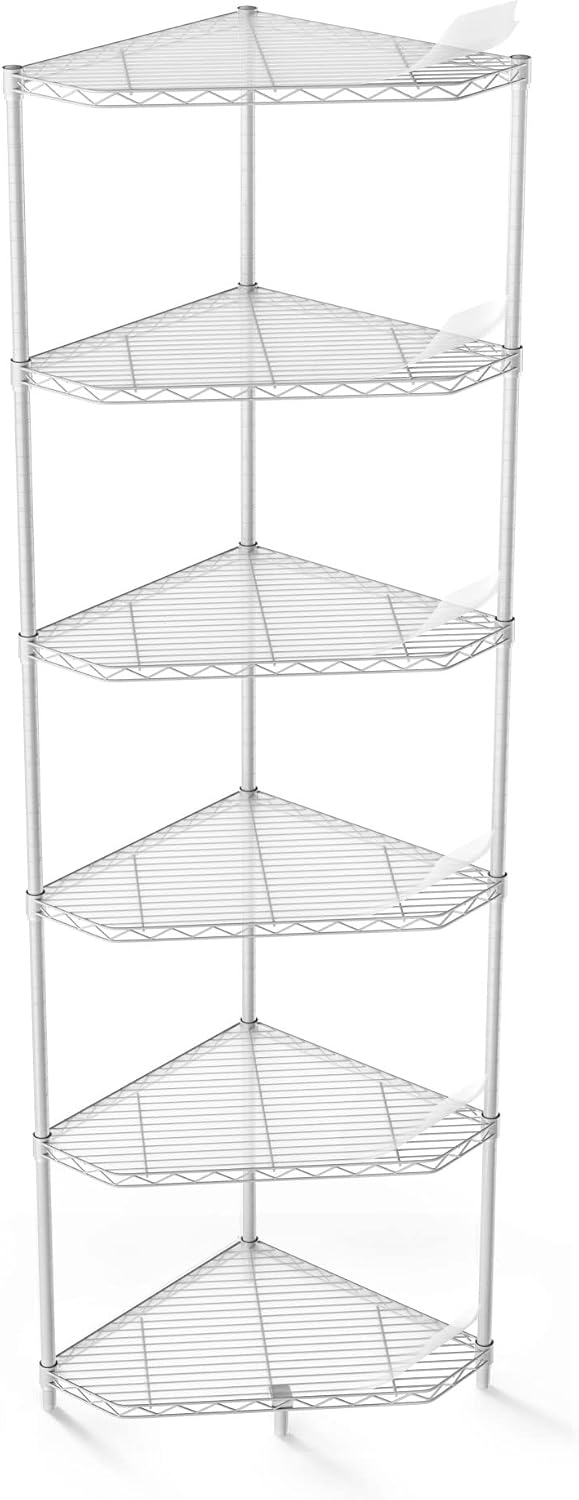 6 Tier NSF Metal Corner Shelf Wire Shelving Unit, 600lbs Capacity Heavy Duty Adjustable Pentagonal Storage Rack with Shelf Liners for Kitchen Garage Office Etc Room Corner, 72'H x 20'L x 20'D - White