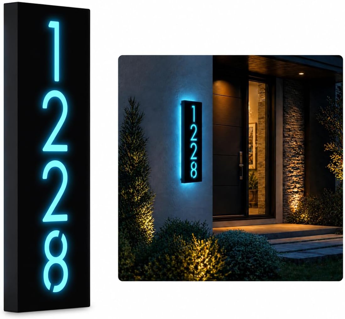 Customizable 12V LED Lighted Address Plaque, Backlit House Number Sign with 304 Stainless Steel Exterior (Only ice blue light)