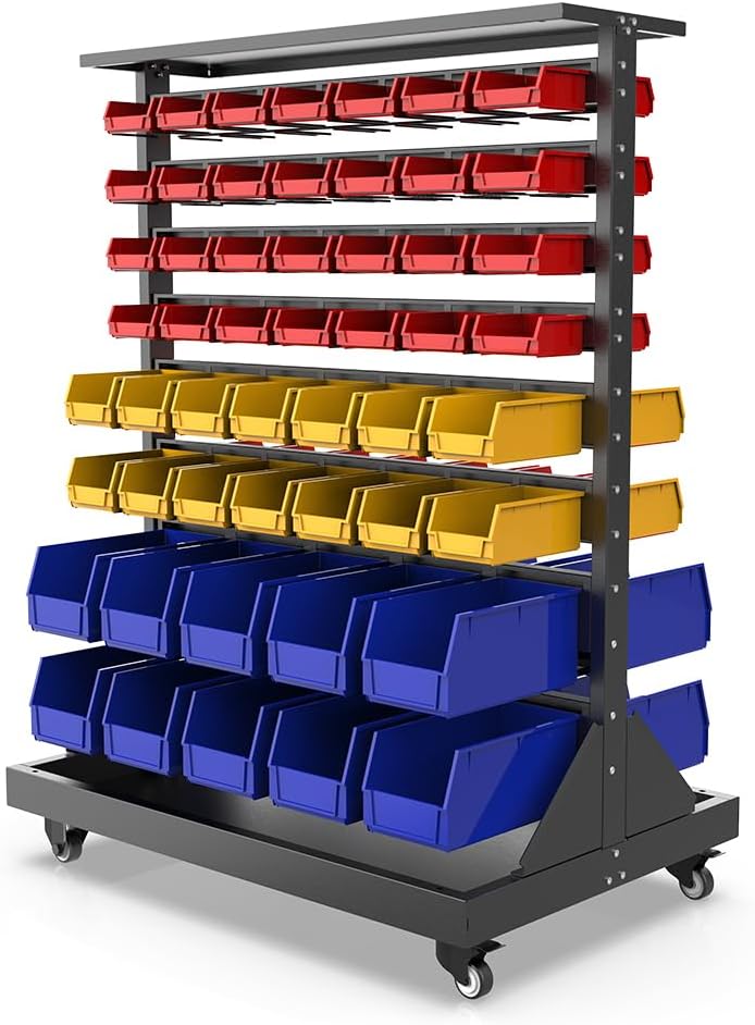 JZD Rolling Bin Storage Rack, Parts Organizer on Wheels, 104 Bins for Nuts Bolts Hardwares, 8-Tier Double Sides Bin Shelves for Garage Warehouse Factory