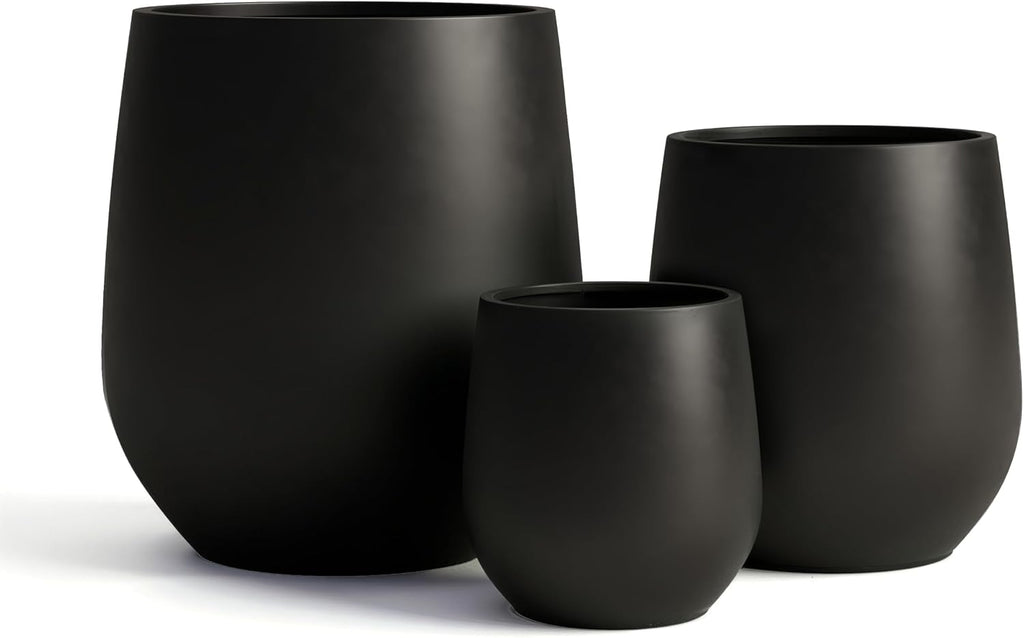 DTY Premium Mt Wilson Tall Tapered Fiberstone Planter for Indoor Outdoor Use, Modern Large Olive Tree Pot with Drainage Hole, Includes 2 Coco Mats. Black, Large 20.1'' D x 21.9'' H. 15.4' Pot Opening