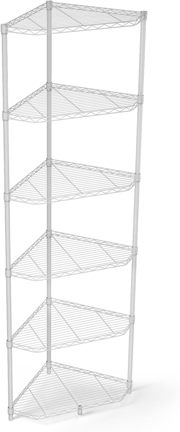 Metal Shelf Pentagonal 6 Tier NSF Adjustable Corner Wire Shelving Unit, Heavy Duty 72'H x 20'L x 20'D, 600lbs Capacity Storage Rack with Shelf Liners for Kitchen Garage Office Etc Room Corner-White