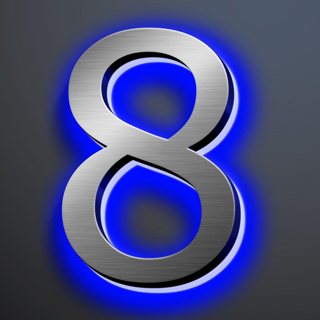 Illuminated House Numbers 18 Inch, Backlit Illuminated LED House Address Numbers For Outside, Modern Metal Lighted Address Numbers Signs, Brushed Silver, Blue Light,8