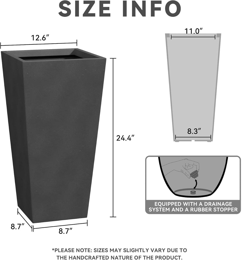 Kante 24.4' H Concrete Tall Tapered Planter Set of 2, Large Outdoor Indoor Garden Plant Pot with Drainage Hole and Rubber Plug Home and Patio, Burnished Black Finish