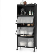 LDAILY 5-Tier Kitchen Storage Cabinet, Mobile Microwave Stand with Metal Frame, Double Anti-toppling Device, 4 Rolling Casters, Freestanding Bakers Rack for Kitchen, Dining Room, Living Room (Black)
