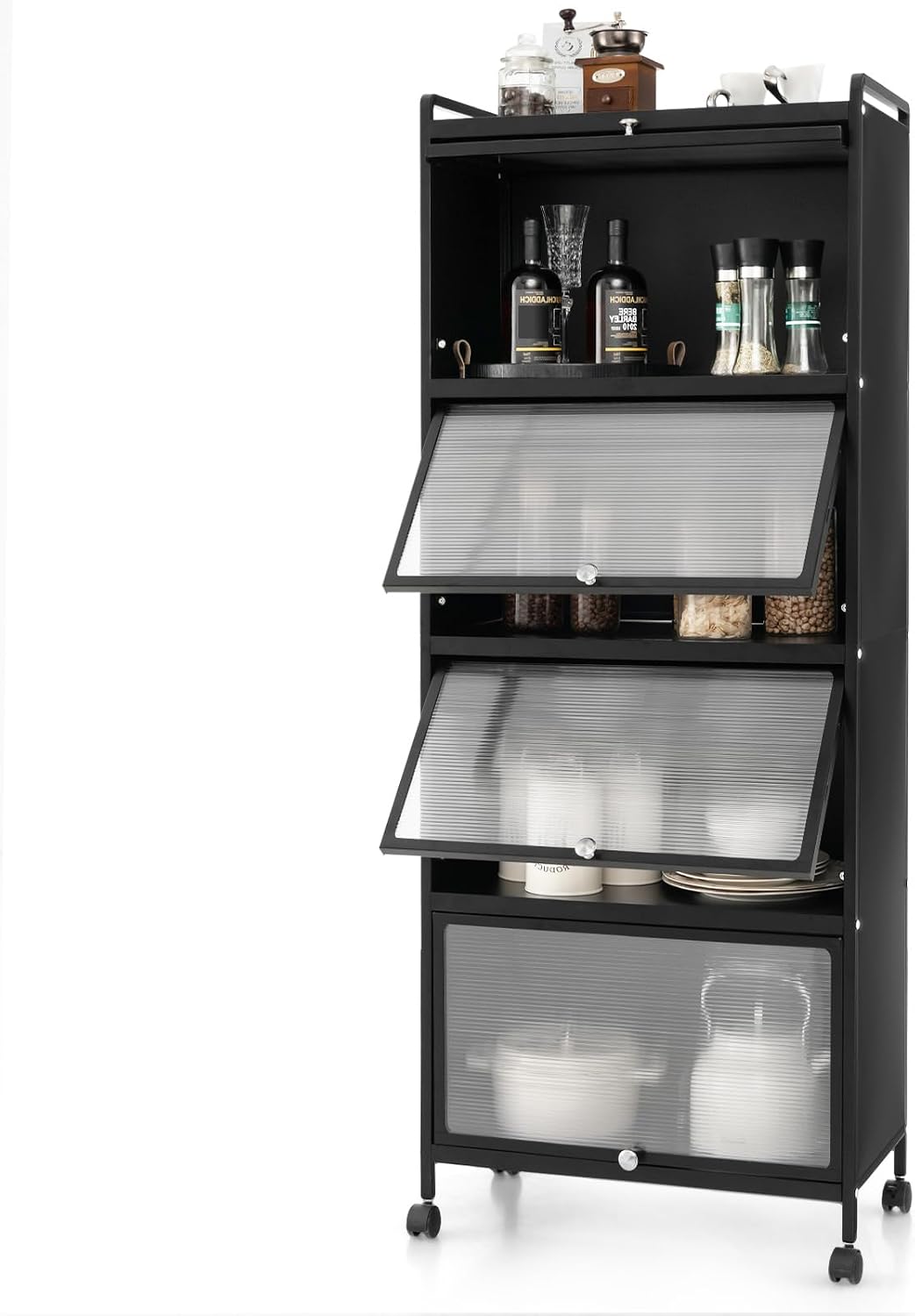 LDAILY 5-Tier Kitchen Storage Cabinet, Mobile Microwave Stand with Metal Frame, Double Anti-toppling Device, 4 Rolling Casters, Freestanding Bakers Rack for Kitchen, Dining Room, Living Room (Black)