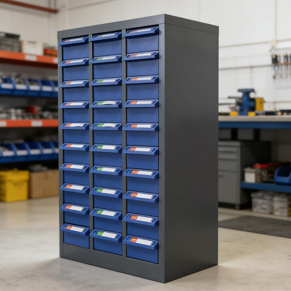 30-Drawer Parts Storage Cabinet, 21.5' L x 12.4' D x 34.3' H, Cold Rolled Steel & ABS Material, Heavy Duty Organizer for Home, Repair Shop, and Factory, Doorless Design
