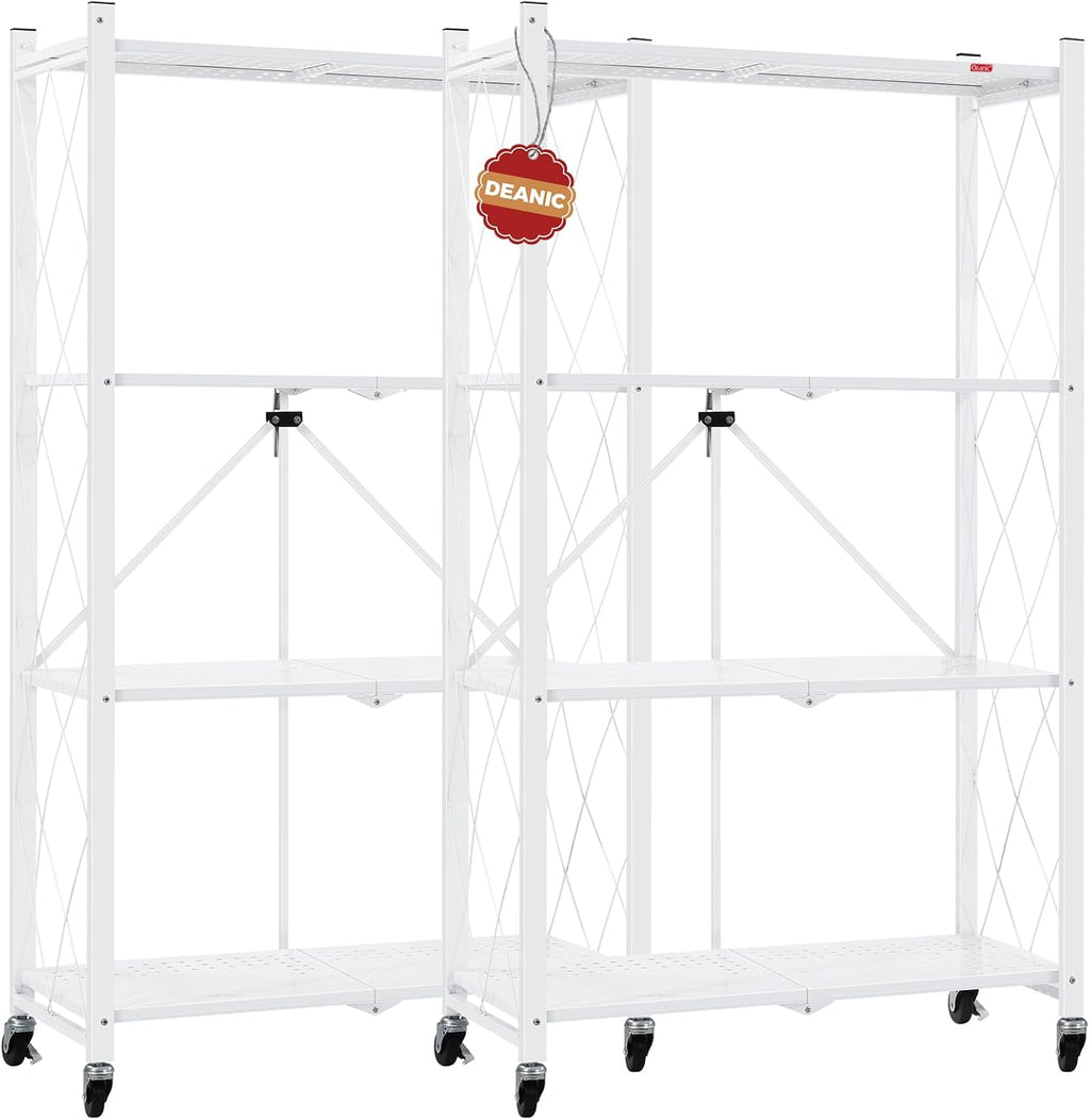 DEANIC 4 Tier Foldable Storage Shelves with Wheels, Large Capacity Shelving Unit, Freestanding Metal Wire Shelf Rack, No Assembly Organizer Rack for Garage Kitchen, Basement, Pantry(White Pack of 2)